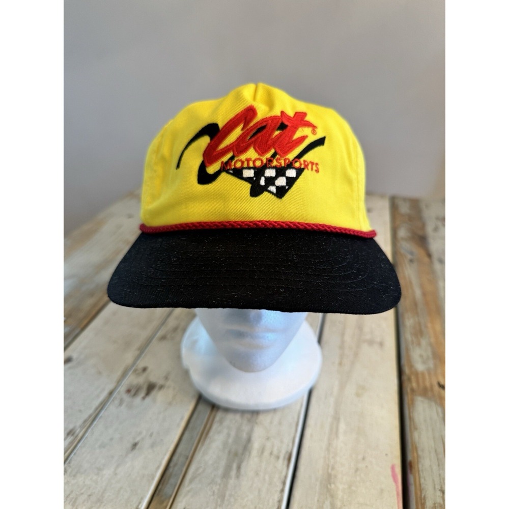 Vintage Cat Motorsports Embroidered Baseball Cap Hat Yellow Snapback